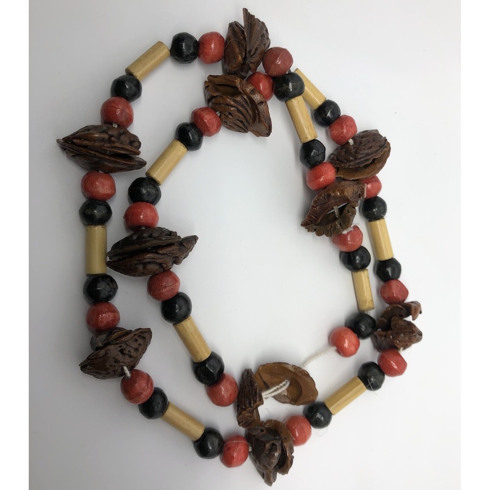 Vintage Mixed Nut Shell Necklace Brown 22" String Boho Hippie Plastic Beads